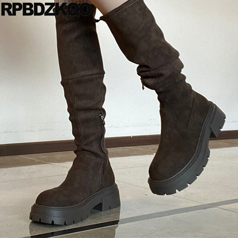 

2023 Fall Long Slim Side Zip Tall Korean Brown Boots Knee High Shoes Block Suede Trending Lace Up Round Toe Heels Women Platform