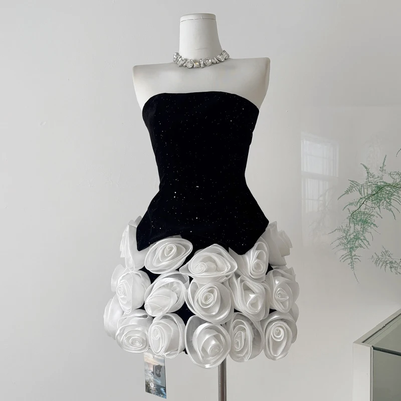 

Two-piece Skirt Sets Women Sleeveless Strapless Tops 3D Rose Mini Skirt Fashion Elegant Club Party Black Dresses Women Outfits