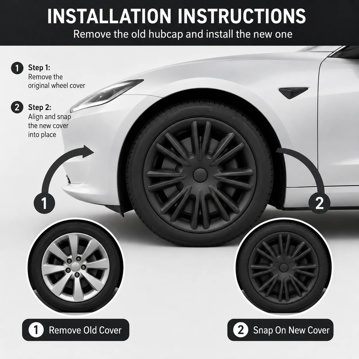 4 Pack 19 Inch Wheel Hub Covers for Tesla Model Y 2019-2024, ABS+PC Matte Black Hubcaps with Aerodynamic Design, Snap-on Installation