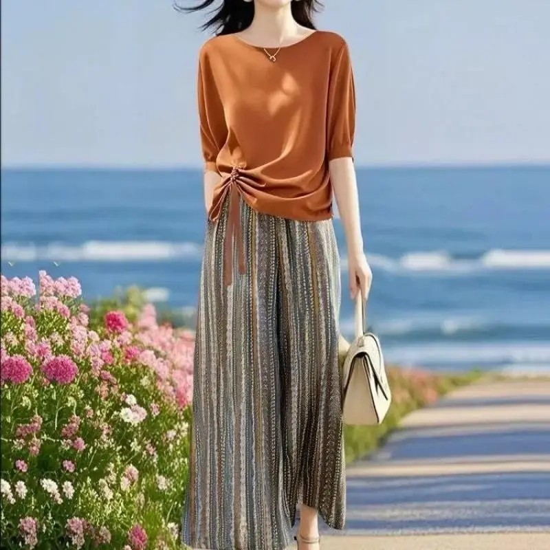 Summer Pant Sets Fashion 2PCS Outfits Women Short Sleeve t-shirt  Trousers Suits Bohemian style Sets