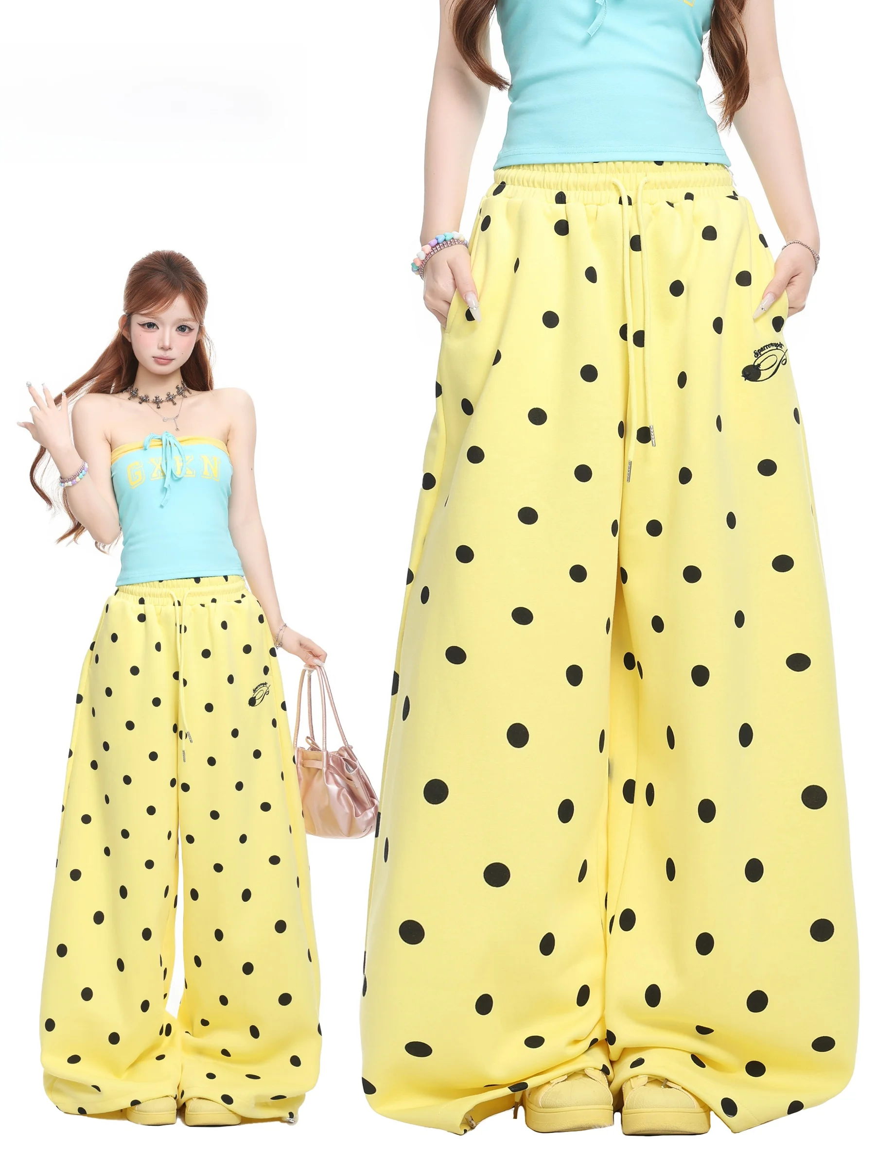

BASTERDS American Style Yellow Polka Dot Print Wide Leg Sport Casual Pants Women Spring Summer High Waist Cotton Loose Fit