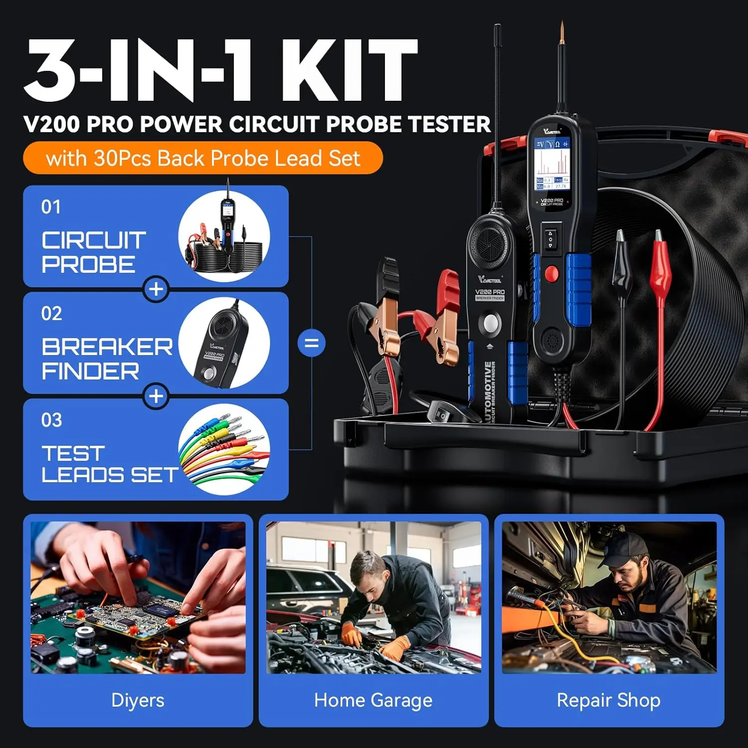 VDIAGTOOL V200 PRO Tester per sonde per circuiti di alimentazione automobilistici con kit sonda posteriore da 30 pezzi 12/24V Trova cortocircuiti aperti elettrici