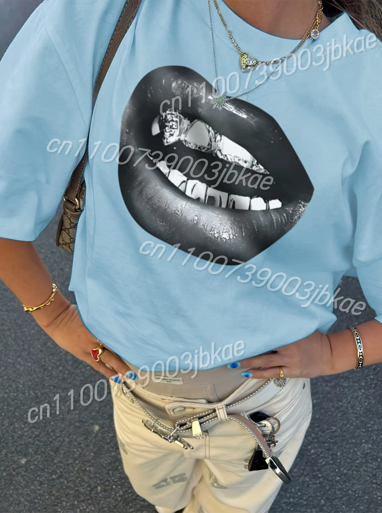 

Женская модная индивидуальная американская повседневная футболка с цифровым принтом и большим ртом, летняя женская тонкая футболка с короткими рукавами для серфинга для девочек