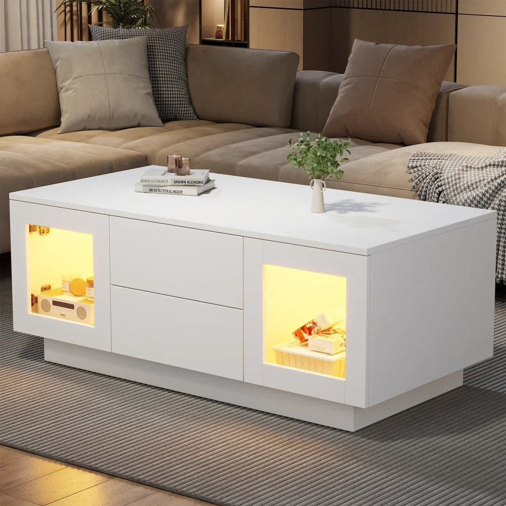 Tavolino da caffè moderno bianco lucido, dimensioni 100×50×40 cm, con vano contenitore integrato, tavolino multifunzionale da posizionare accanto al divano, elegante tavolino centrale per il