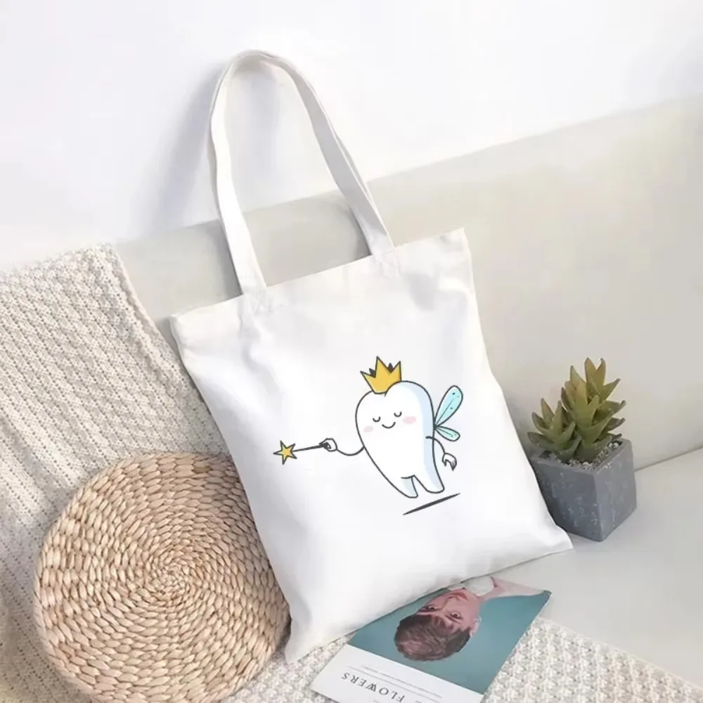 Cute Cartoon Tooth Fairy Canvas Tote Bag With Crown Magic Wand Print Soft Handbag For Daily Commute And Daily Use