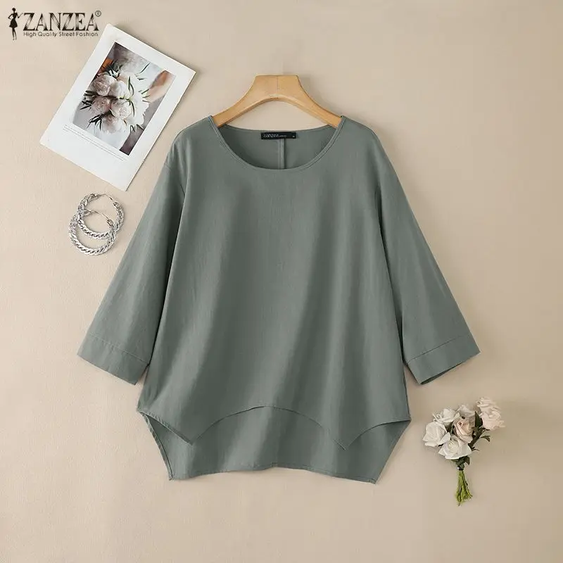 ZANZEA Lässige Baumwoll-Bluse für Damen mit 3/4-Armel, O-Ausschnitt, einfarbigem Hemd, asymmetrischem Saum, locker geschnitten, übergroße Urlaubstunika, Größe 3XL – Detail 6