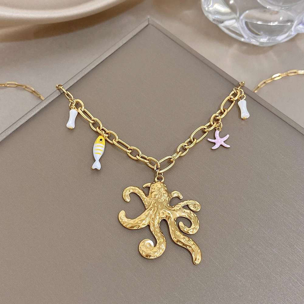 Freetry Summer Small Fish Octopus Pendant Waterproof Stainless Steel Necklace for Women Chunky Golden Necklace Vacation Jewelry