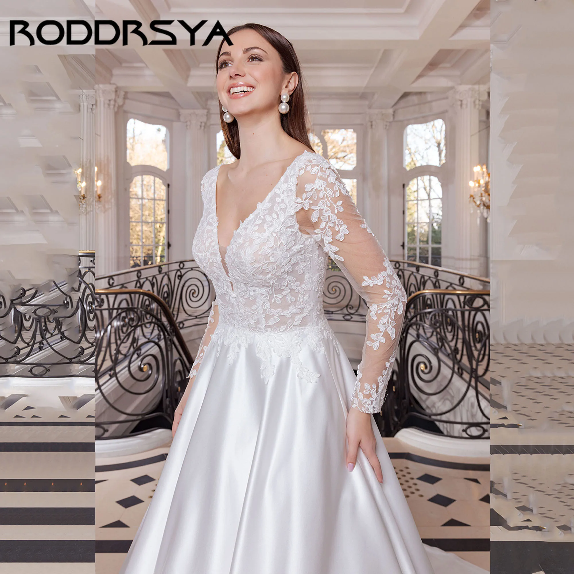 RODDRSYA атласное свадебное платье с длинными рукавами и аппликацией, классическое свадебное платье с v-образным вырезом, трапециевидное платье без рукавов, платье de novia 2021, по индивидуальному заказу