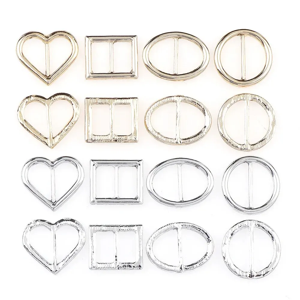 10pcs Buckle Heart Square Oval Round Ribbon Slider Ribbon Buckles for DIY Craft Silver 5 Shape