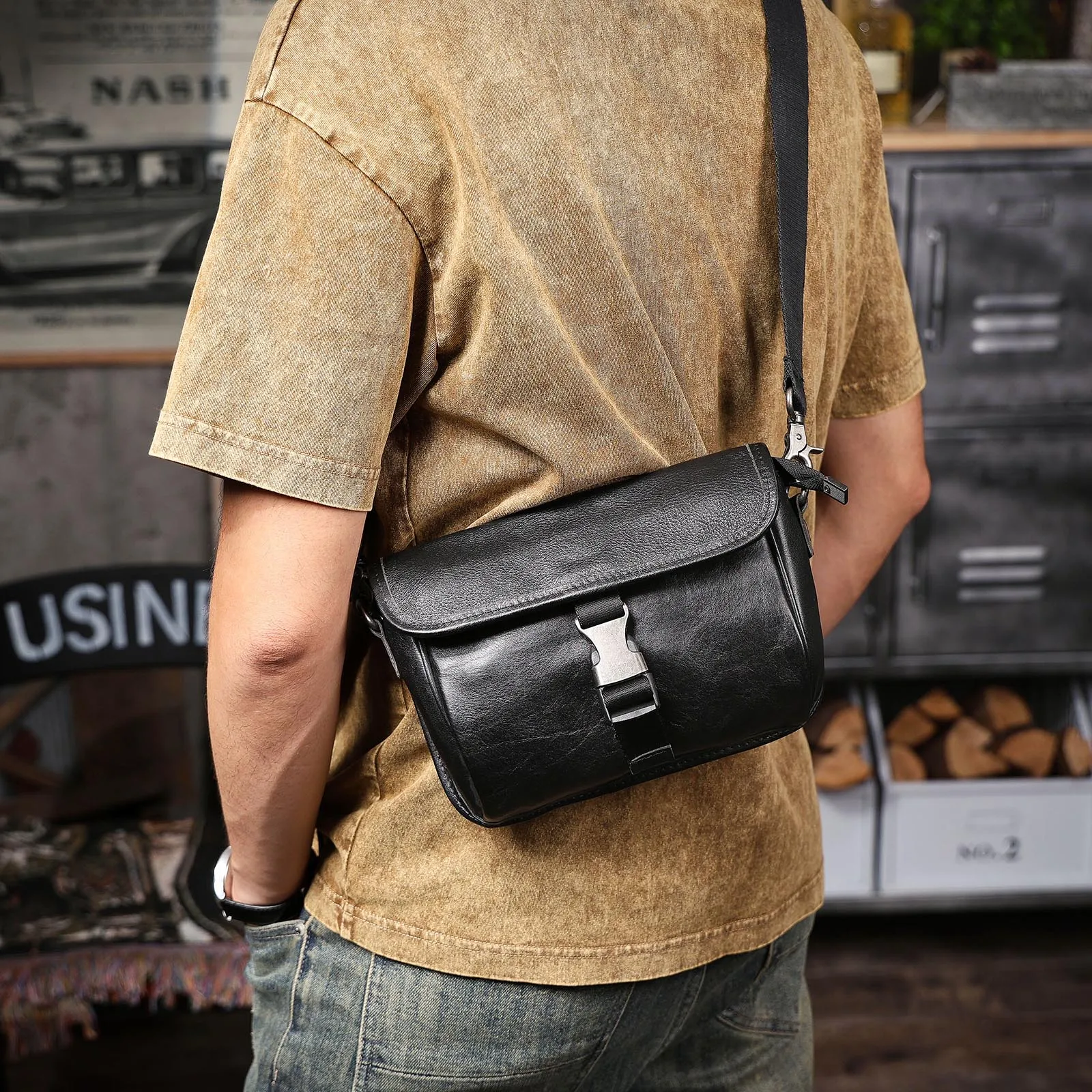 Echtes Leder Herren Casual Brusttasche Rindsleder Umhängetasche Modische Handytasche Pflanzlich Gegerbtes Gerafftes Leder – Detail 4