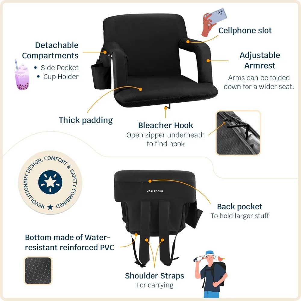 مقعد استاد محمول مع دعم للظهر - وسادة سميكة ومساند للذراعين وجيوب جانبية للمناسبات الرياضية #5