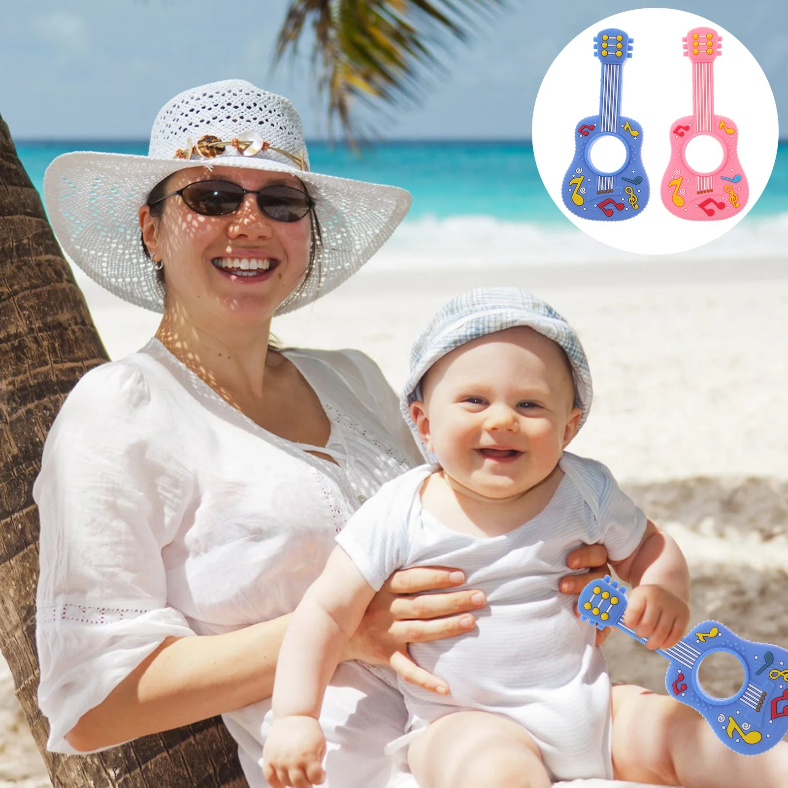2Pcs Baby Teether Guitar Shape Silicone Chewing Aid for Teething Pain Relief and Jaw Development Baby Soothing Teethers 0-6