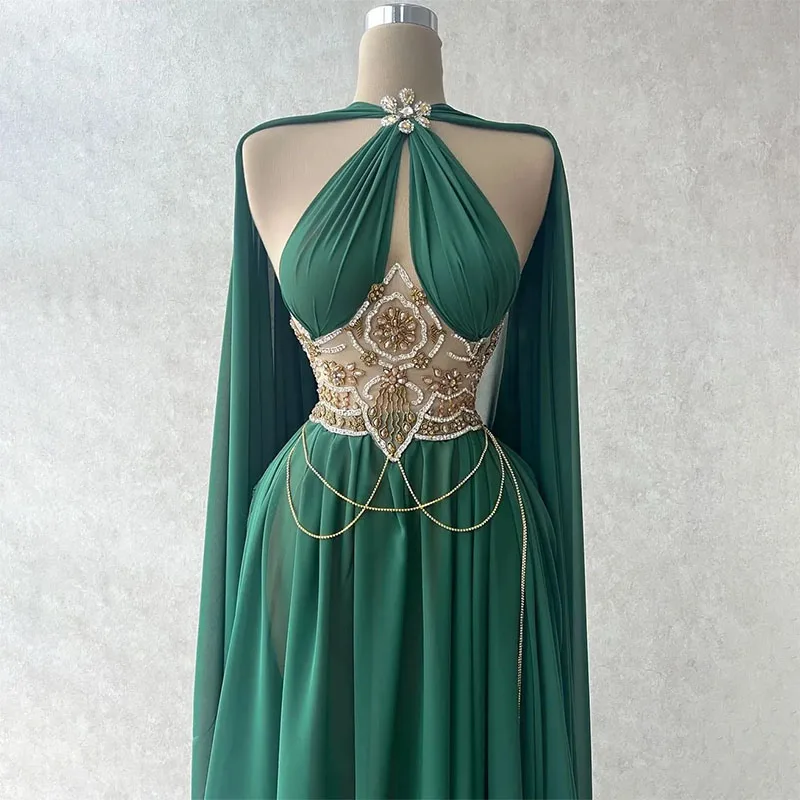 Luxe A-Line Vrouwen Avondjurken Met Wrap Halter Mouwloze Galajurken Kristallen Appliques Jurk Voor Feest Op Maat Gemaakt