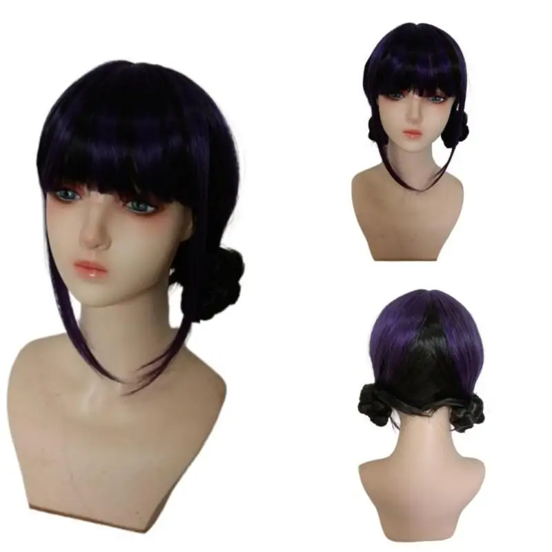 Pop Singer Purple Braid Wig Rose Red Long Synthetic Wig Black Double Bun Hairstyle Hair Halloween Cosplay Props