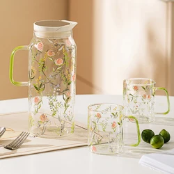 Glass Cold Water Bottle High Temperature Resistant Household Teapot Cup Set Pastoral Plant Printing Juice Drink Bucket Kettle