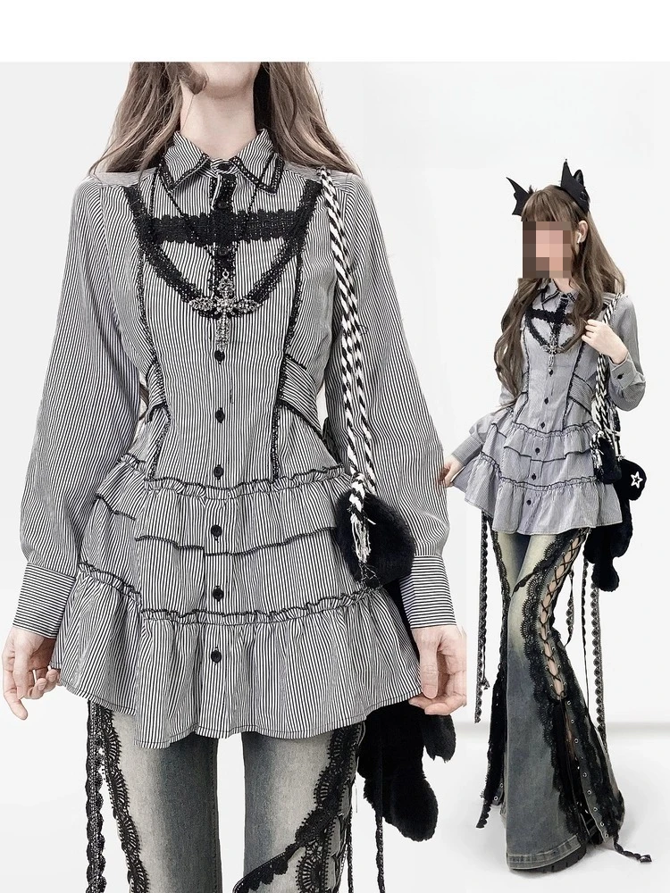 

Японское черное полосатое платье-рубашка с длинными рукавами средней длины в готическом стиле с воротником, облегающий многослойный женский топ со шнуровкой