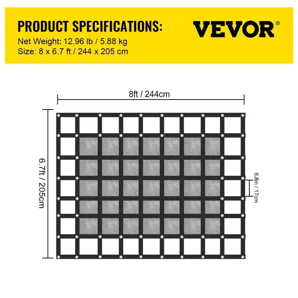 Rede de carga com malha, rede de carga de 8` x 6,7` para cama de caminhão captador, carga resistente com fivelas de câmera, ganchos S e alça cruzada,