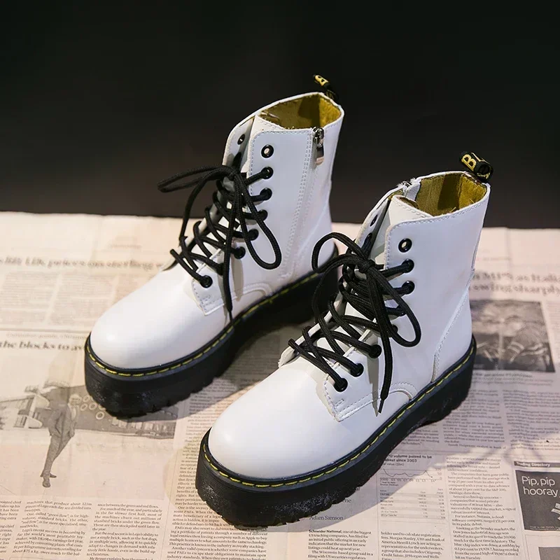 2024 Motorcycle Women\'s Boots Winter Soft Leather Shoes Black Botas Wedges Female Lace Up Platforms Women White Botas Mujer