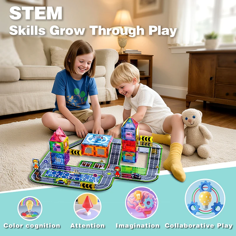 الأرض البحر والهواء موضوع البلاط المغناطيسي 121 قطعة بلاط مغناطيسي الطريق بناء لعبة تعليمية مع علامة مرور طائرة السفينة للأطفال