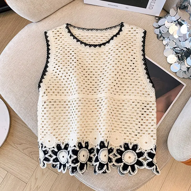 Hollow Sleeveless Knitted Vest Sling Women Summer Ethnic Style Short Tops Crochet Top Women Clothing Tank Top Mesh Top