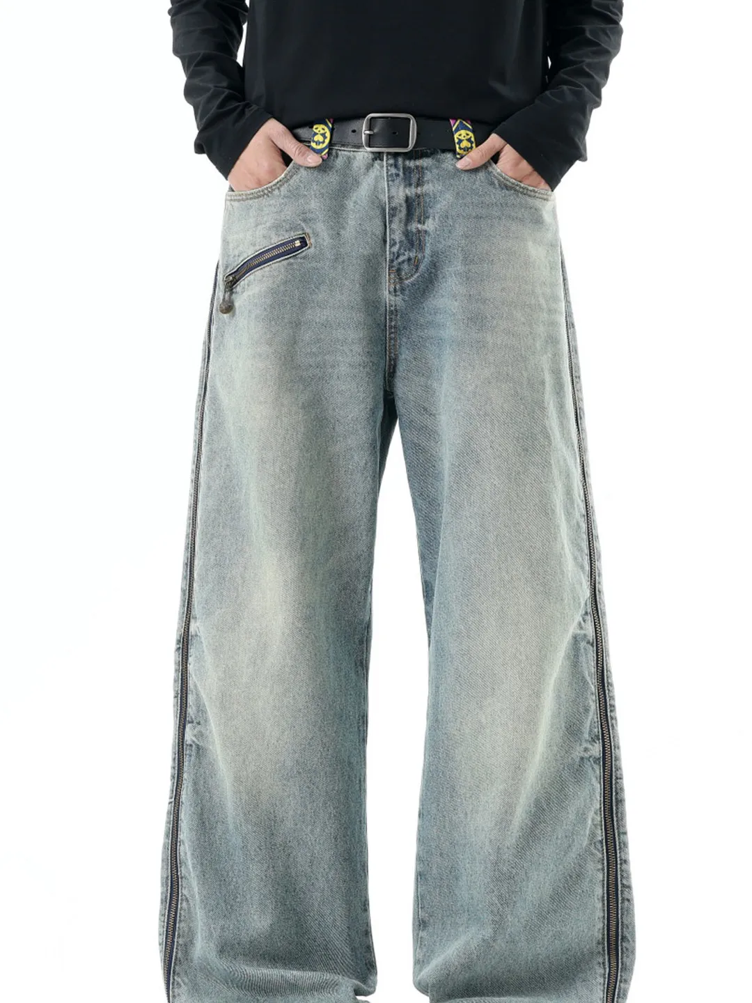 American Style Plaid Denim Pants Men Summer Trendy Wide Leg Straight Cut Floor Length Trousers Retro Patchwork Jeans