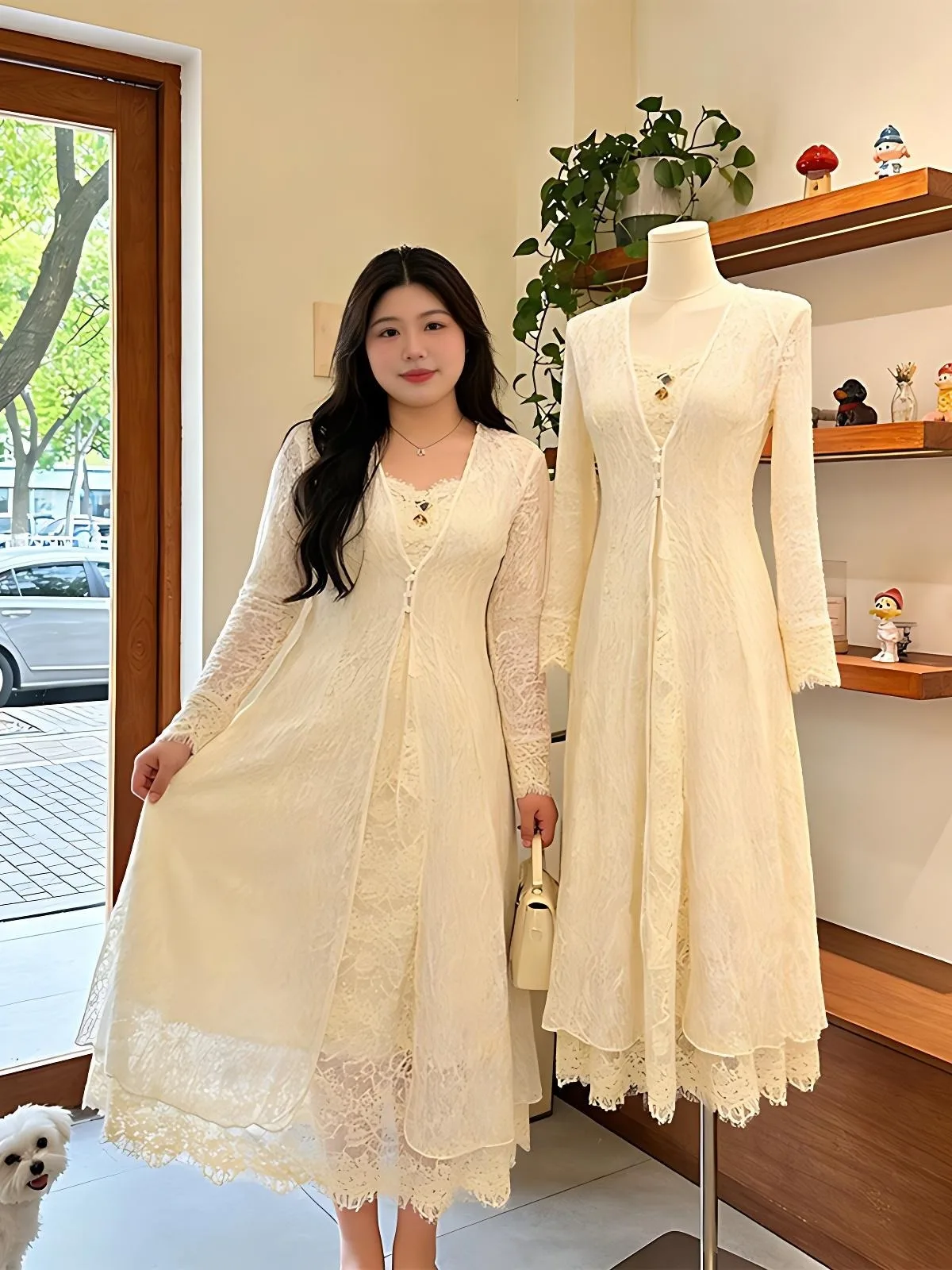 

plus Size Lace Long Sleeve Open Cardigan Dress Two Piece Set Women Summer New Style Slimming Effect Korean Style Commute