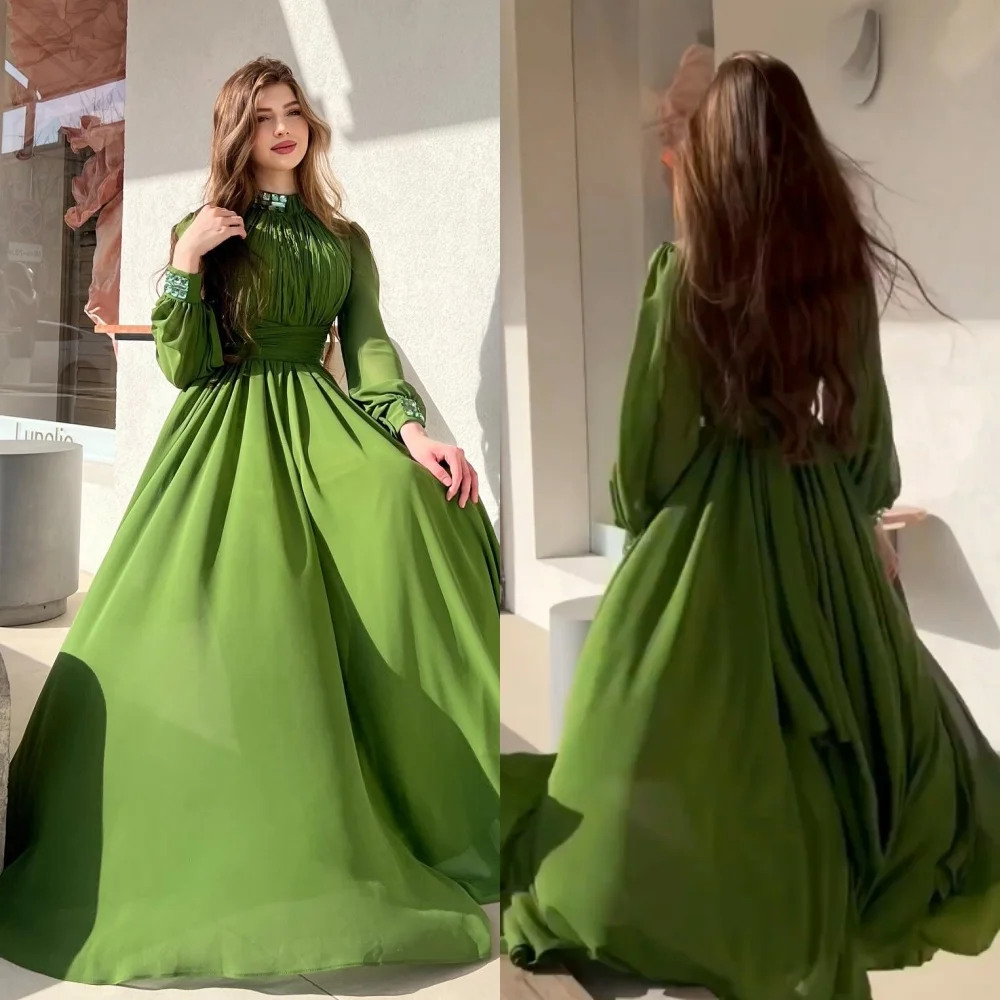 Funkeln exquisite hochwertige Chiffon Pailletten geraffte formale Abend A-Linie hohen Kragen maßge schneiderte Anlass Kleid lange Kleider