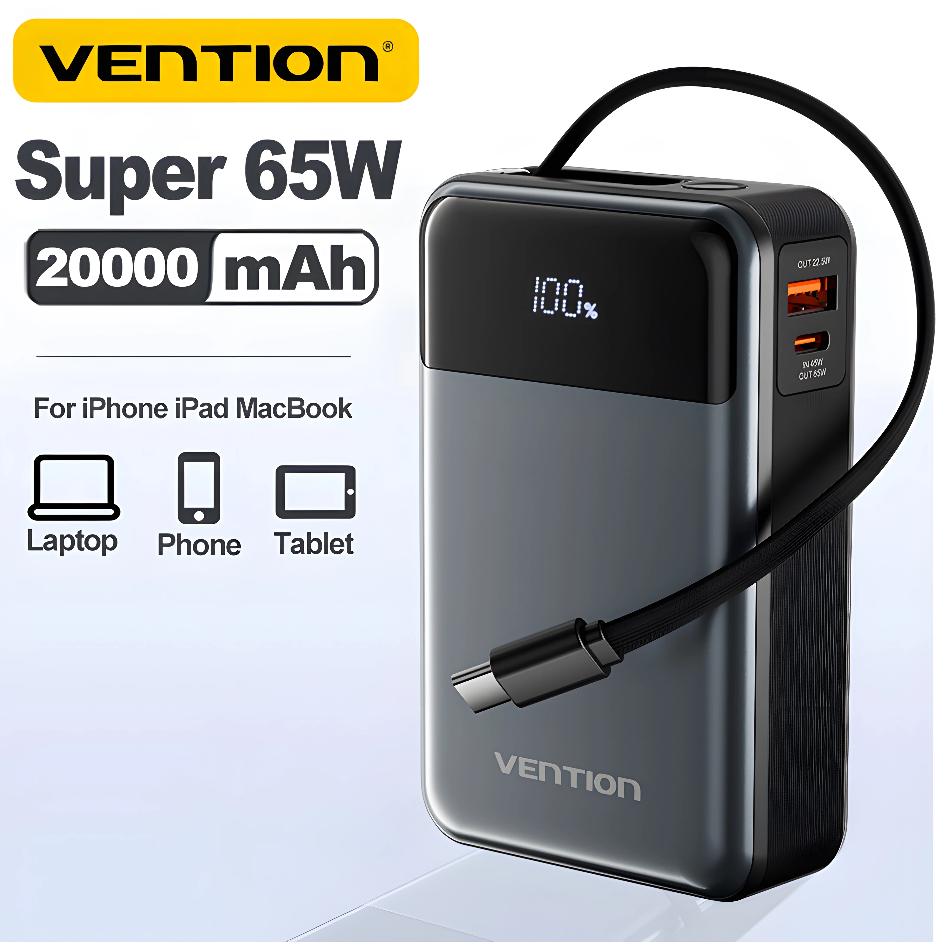 Vention 보조배터리 USB C 타입 케이블 고속 충전기, 아이폰 맥북 노트북용 디지털 디스플레이 보조배터리, 65W, 20000mAh, 신제품 