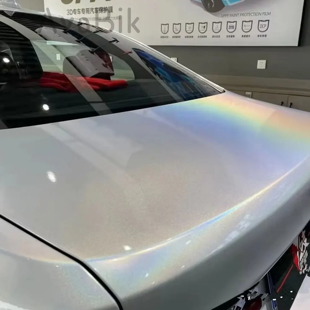 High Glossy Psychedelic Diamond Rainbow Chrome Vinyl Wrap Film PET Bubble Free Low Tack Glue RAINBOW LASER WHITE Car Stickers