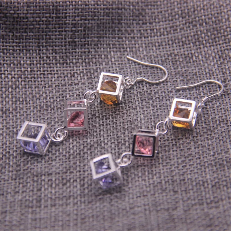 Elegant Fashion Geometric Cubes Dangle Multicolor Zircon Ear Hook Earrings for Women Valentines Day Gift Jewelry Pendiente Mujer