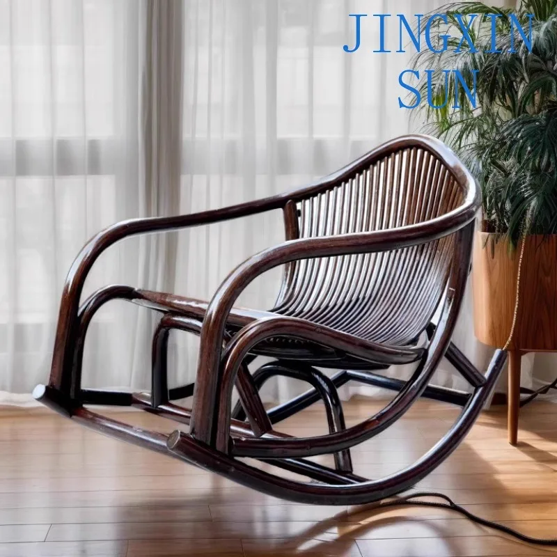Black Walnut Single Recliner Rocking Chair, Natural Rattan Sofa Chair for Balcony, Cozy Adult Lounge Rocker