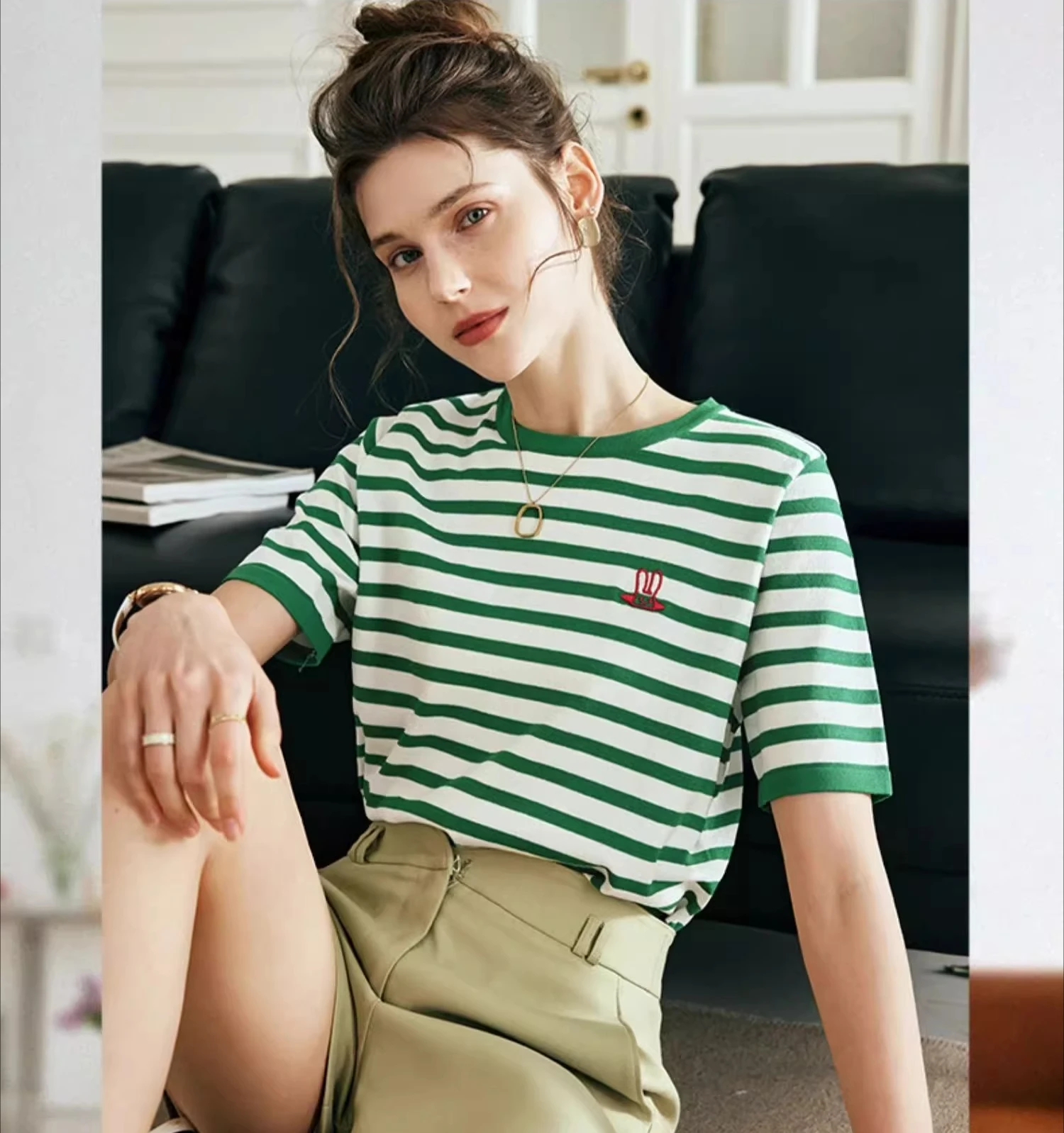 

OLrain женские летние вязаные топы с короткими рукавами женские 2025 трикотажные изделия женские французские модные пуловеры в зеленую полоску джемперы O23XZ66559