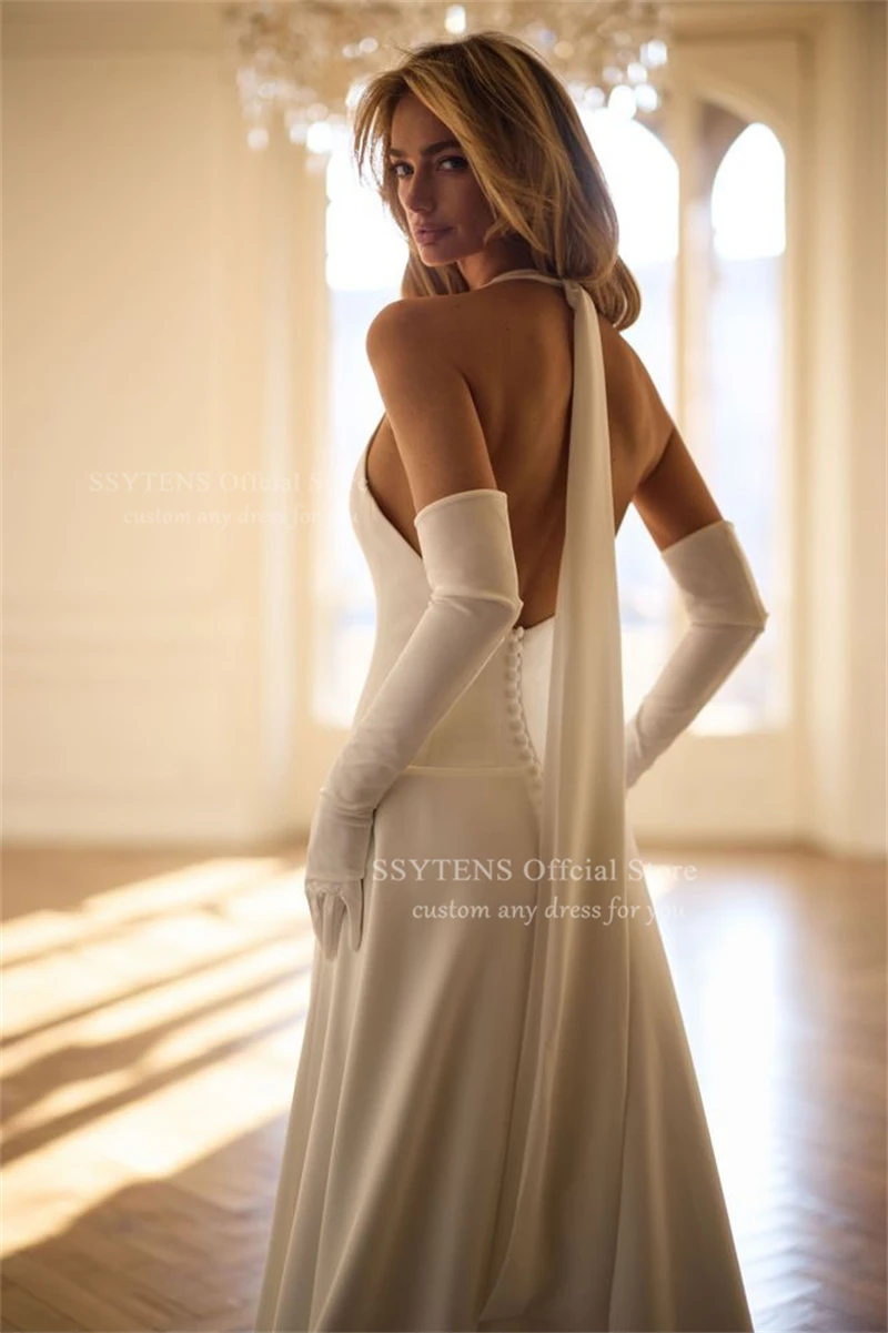 SSYTENS Customized Halter Wedding Dresses Women Boho Sleeveless A Line Long Civil Bridal Gowns Open Back Ivory Bride Dresses