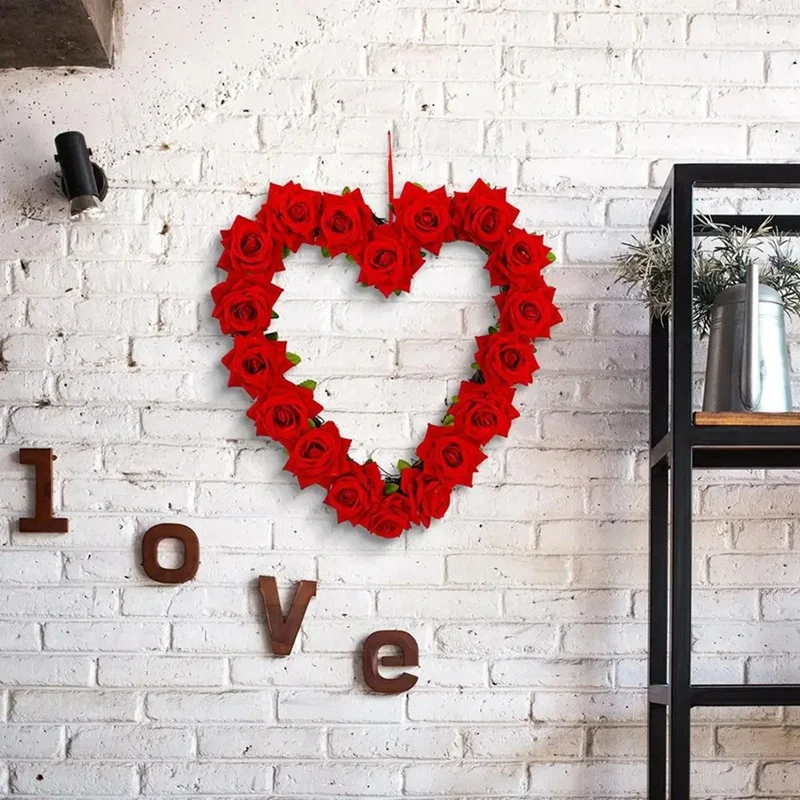 Roses Garland for Home HeartShaped Roses Flower Garland Decorative Simulation Roses Flowers Wreath for Front Door Home-ABAM