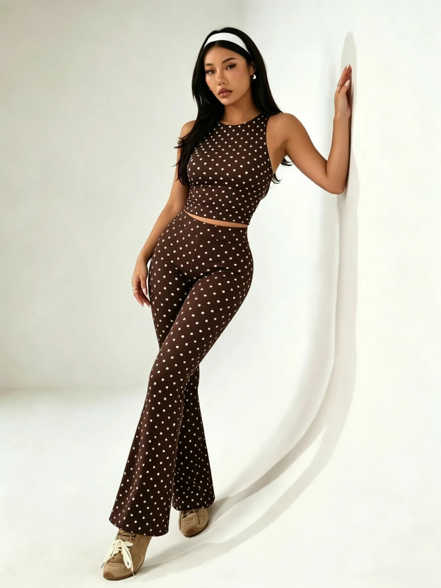 2Packs Y2K Women Polka Dot 2 Piece Set Crop Tank High Waist Flare Pants Vintage Club Daily Outfit