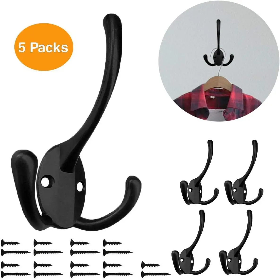 Wall Mounted Coat Hooks 5 Pack Heavy Duty Black Hardware with Three Hooks for Hanging Coats Towels Backpacks in Bathroom Kitchen