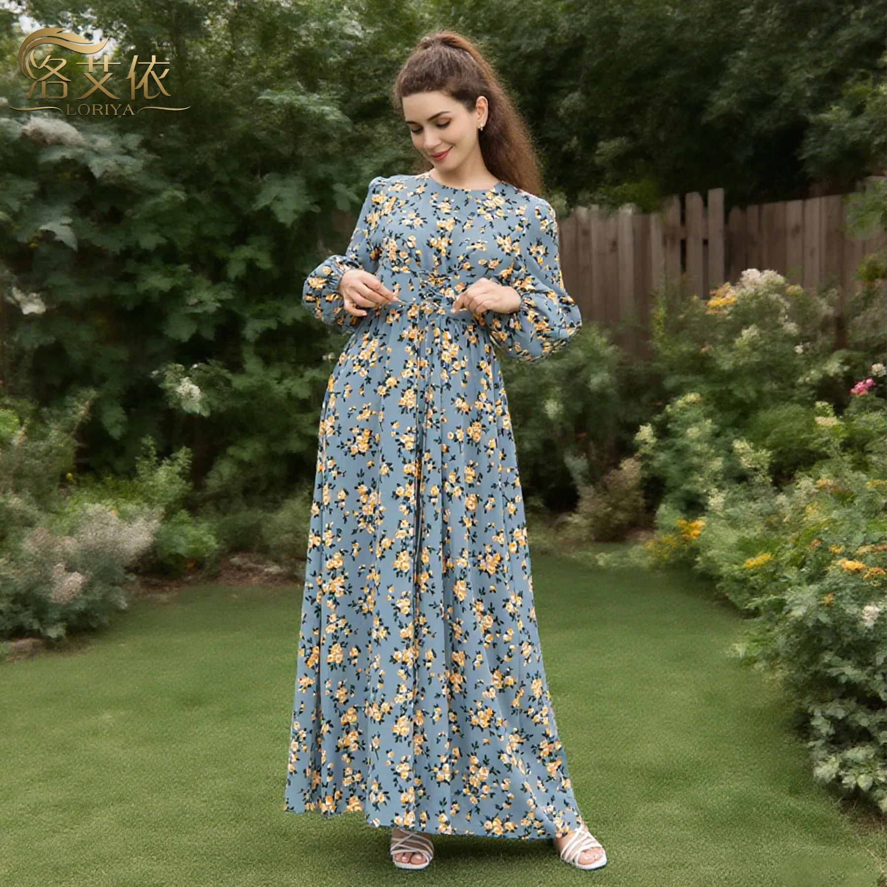 

2025 г., американские европейские новые модные женские повседневные модные милые платья до щиколотки с цветочным принтом и длинными рукавами, женская одежда