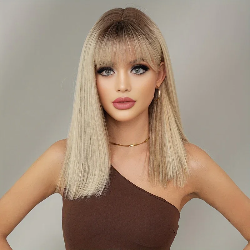 Abbigliamento da donna per feste abbinato a capelli lunghi lisci da concerto, parrucca con frangia dritta, gioco di ruolo da palcoscenico, capelli da donna lunghi fino alle spalle