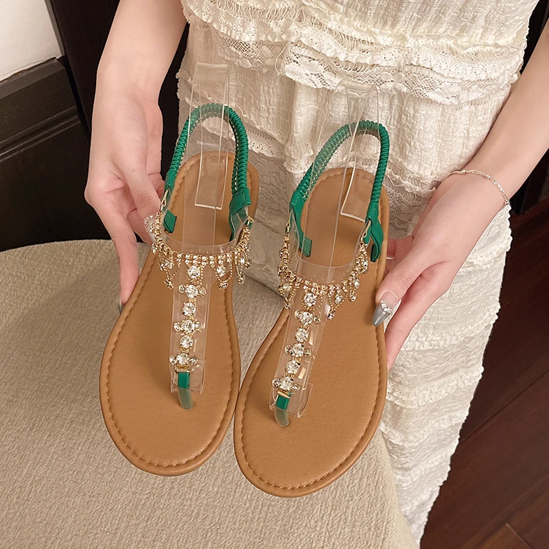 

Beige Heeled Sandals Low-Heeled Shoes With Strap Large Size 2025 Women's Flip Flops Platform Black Low-heeled Girls Big Rhinesto