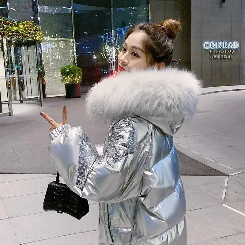 Winter Silver Glossy Down Jacket 2024 New Women\'s big fur neck hooded coat Female Thicken Parkas Fashion Short sequined jackets