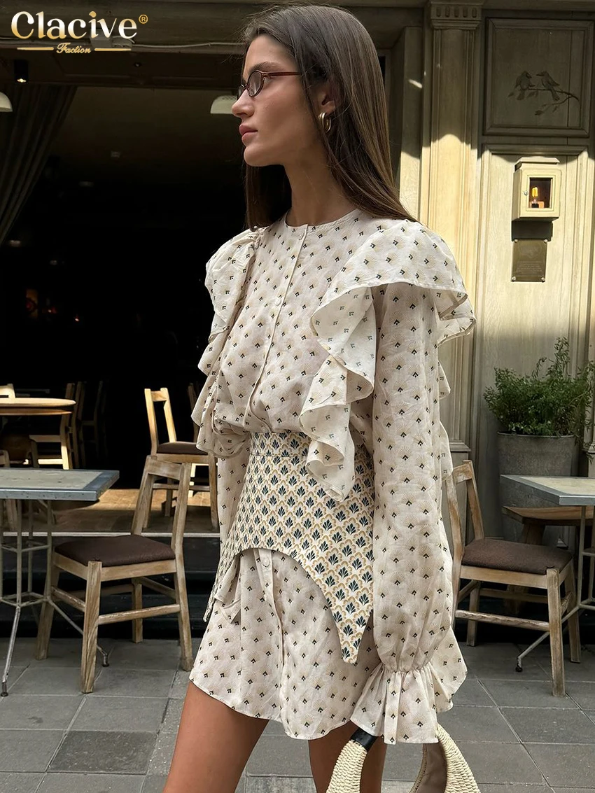 Clacive Fashion Loose Print Women's Dress 2025 Casual O-Neck Long Sleeve Mini Dresses Elegant Classic Ruffle Girdle Female Dress