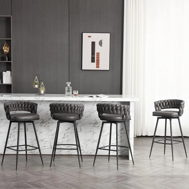 

Counter Height Bar Stools Set of 4, Modern Faux Suede Barstools with Woven Back and Metal Leg, 180°Swivel Counter Stools