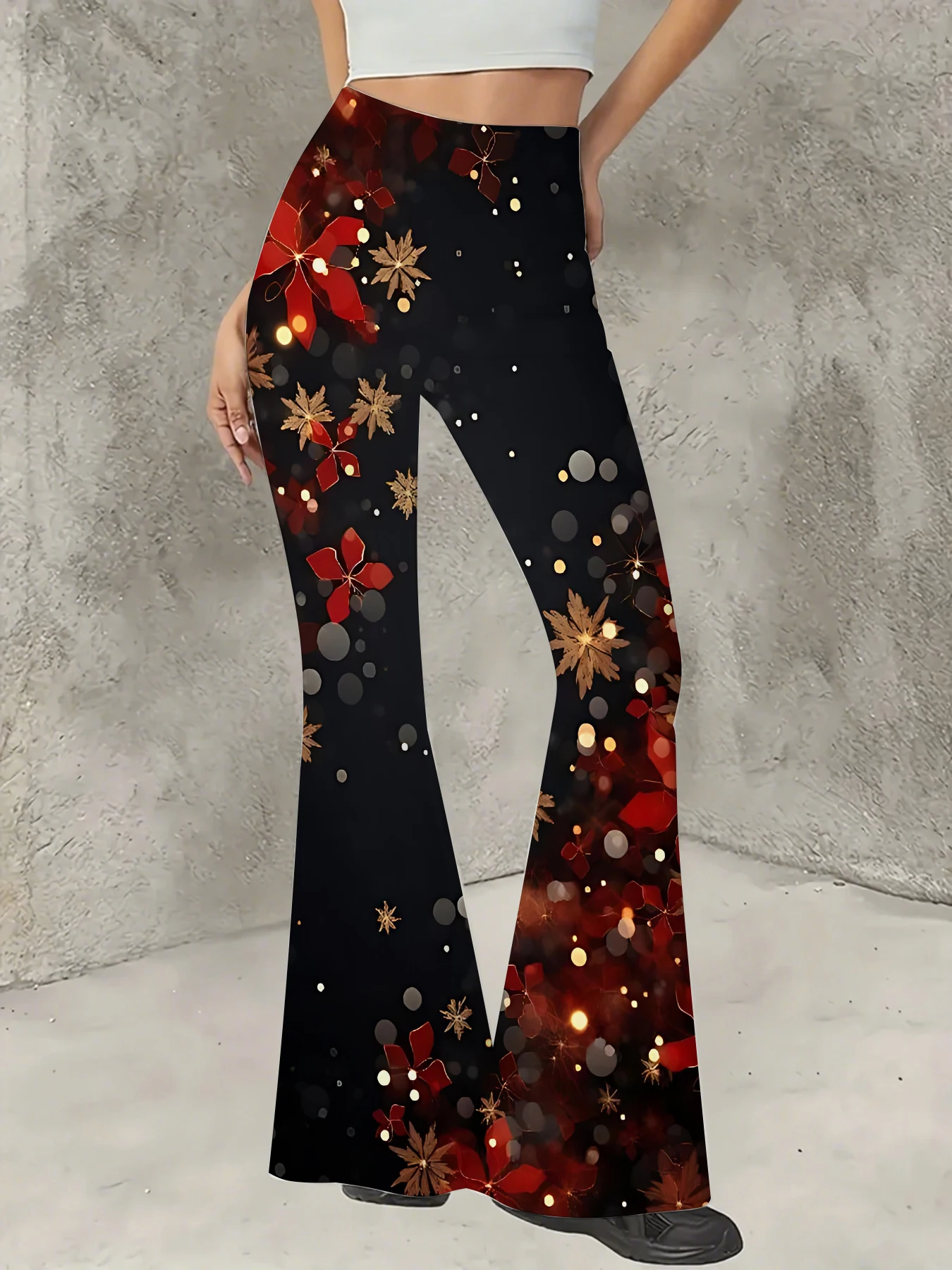 

Y2K Graphic Print Flare Pants Women High Waist Knit Bell Bottom Trousers