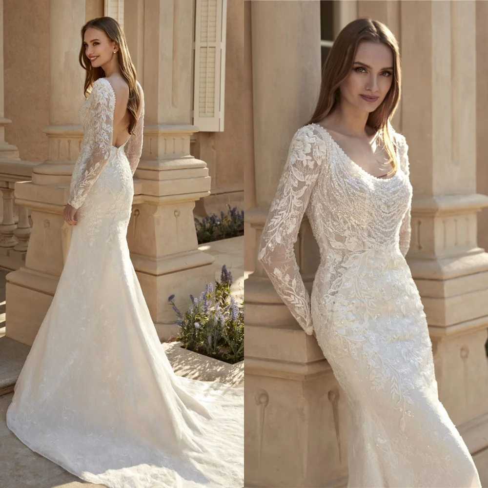 

Customized Exquisite White Jersey Wedding Dress Temperament Square Collar Long Sleeves Bridal Party Sexy Backless Bridal Gowns