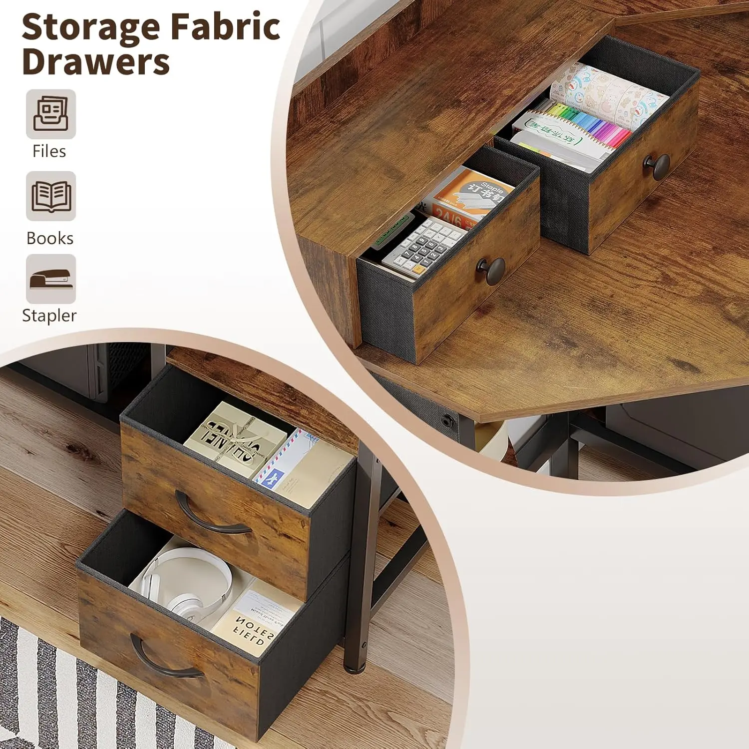 Corner Desk with 6 Fabric Drawers Shelves for Small Space Computer Desk with Power Outlets,Gaming Desk with Printer Monitor