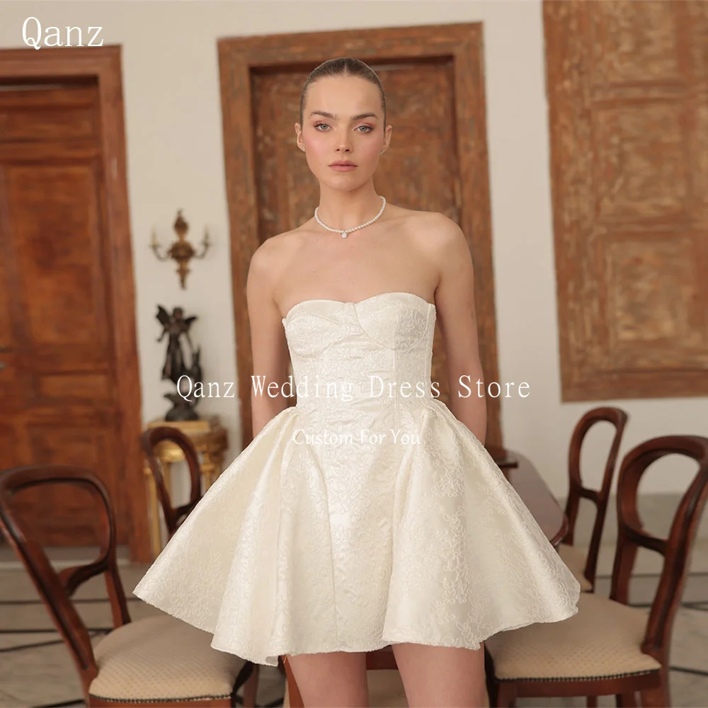

Qanz Ivory Lace Wedding Party Dresses Short A Line Sleeveless Sexy Vestido De Novias Sweetheart Mini Bridal Gowns Customized