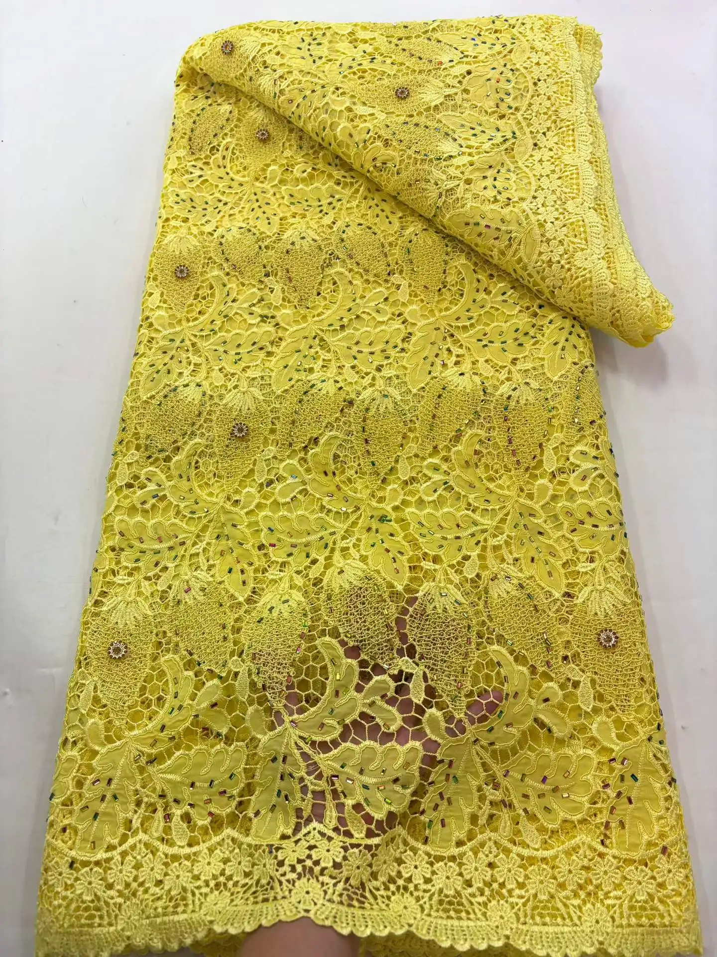 African Guipure Cord Lace Fabric Nigerian Style with Luxury 3D Rhinestones Water Soluble French Style For Women's Dress Sewing