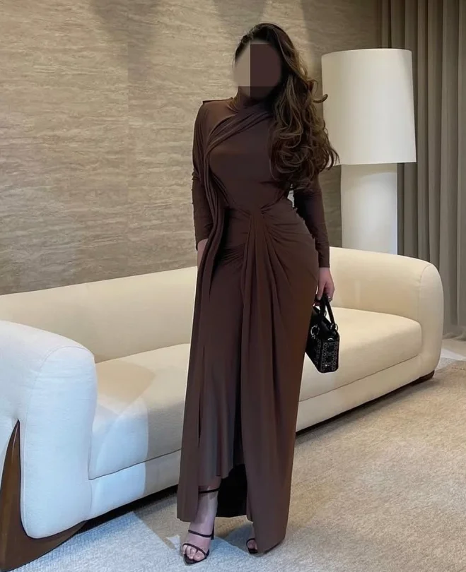فساتين سهرة مخصصة عالية الجودة بطول الكاحل وياقة عالية وأكمام طويلة على شكل حرف a Abiye Uzun Elbise Modelleri