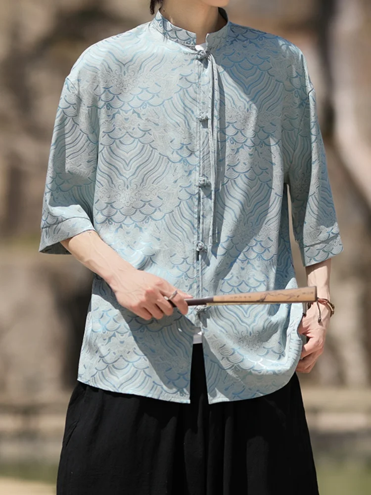 

New Chinese Sle Embroidered Ice Silk Thin ort Sve Men's irt Summer Faion Retro Button Hanfu Zhongan Suit