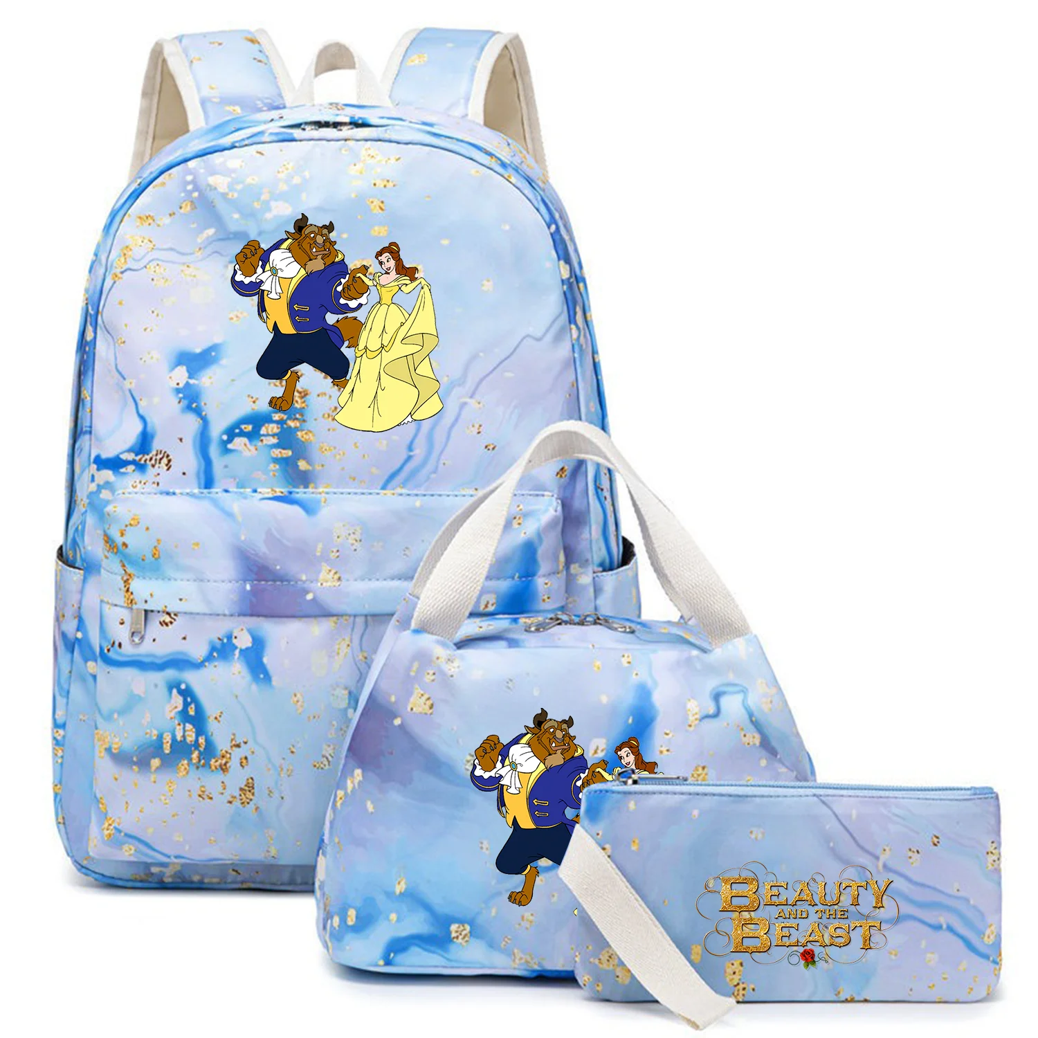 

3Pcs/Set Beauty and the Beast Girl Kid Backpack Student Schoolbags Double Shoulder Bag Travel Pen Lunch Bags Bookbag Laptop